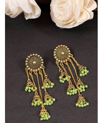Retro Gold Jhumka Light-  Green Beads Long Chain Tassel Hangers Earrings RAE1782