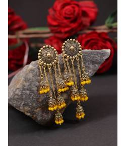 Retro Gold Jhumka Yellow Beads Long Chain Tassel Hangers Earrings RAE1784