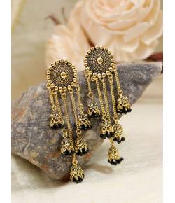Retro Gold Jhumka Black Beads Long Chain Tassel Hangers Earrings RAE1785