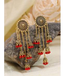 Retro Gold Jhumka Red Beads Long Chain Tassel Hangers Earrings RAE1786