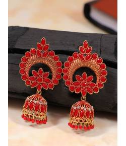 Gold-plated Red  Kundan Pearl Ethnic Jhumka Earings RAE1790
