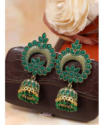 Gold-plated Green Kundan Pearl Ethnic Jhumka Earings RAE1792