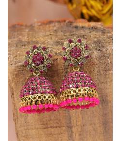 Gold-Plated Pink Stone Floral Jhumka Earrings RAE1800