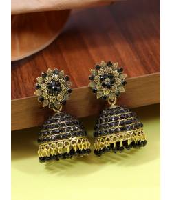 Gold-Plated Black Stone Floral Jhumka Earrings RAE1801