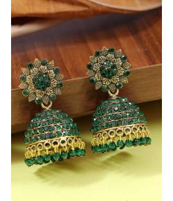 Gold-Plated Green Stone Floral Jhumka Earrings RAE1803