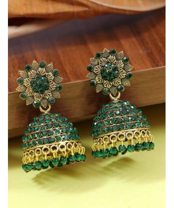 Gold-Plated Green Stone Floral Jhumka Earrings RAE1803