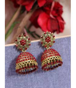 Gold-Plated Maroon Stone Floral Jhumka Earrings RAE1805