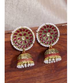 Gold-Plated Embelished Maroon Kundan and  Faux Pearl Jhumka Earrings RAE1810