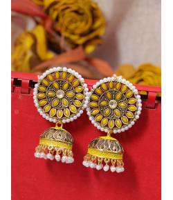 Gold-Plated Embelished Yellow Kundan and  Faux Pearl Jhumka Earrings RAE1811