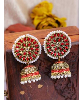 Gold-Plated Embelished Red Kundan and  Faux Pearl Jhumka Earrings RAE1812