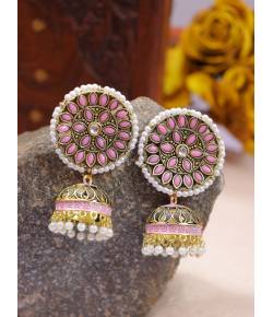 Gold-Plated Embelished Pink Kundan and  Faux Pearl Jhumka Earrings RAE1813
