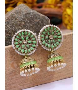 Gold-Plated Embelished Sea-Green  Kundan and  Faux Pearl Jhumka Earrings RAE1814
