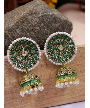 Gold-Plated Embelished Green  Kundan and  Faux Pearl Jhumka Earrings RAE1815