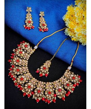 Traditional Red & White Floral Gold Plated Necklace Set RAS0185