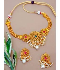 Traditional Indian Gold plated White Pearl Round Floral Chokar Necklace With Earring Set RAS0194