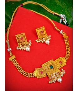 Traditional Gold Plated White Pearl Choker Necklace With Earring Set RAS0195