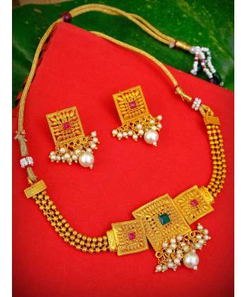 Traditional Gold Plated White Pearl Choker Necklace With Earring Set RAS0195