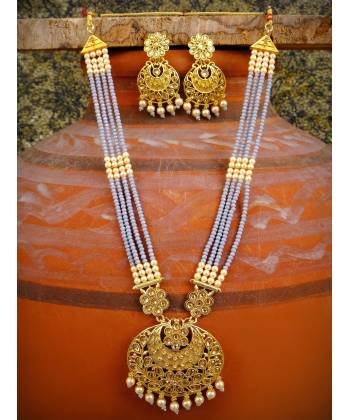 Long  Multilayer Grey & Gold  Pearls Necklace Set RAS0200