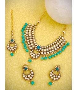 Kundan Faux  Aqua Pearl Necklace Set With Earring & Tika RAS0211