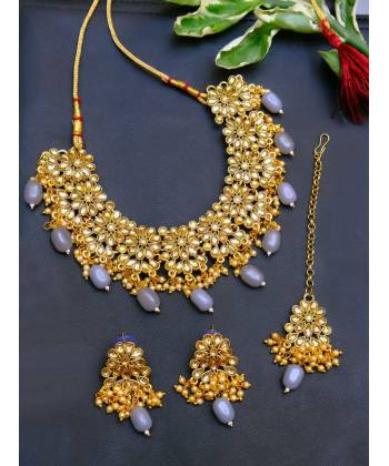Traditional Grey Pearl  Floral Gold Plated Necklace Set With Earring & Mang Tikka RAS0213