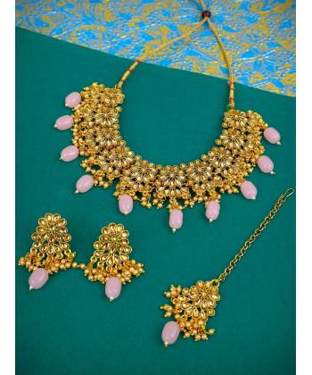 Traditional Pink Pearl  Floral Gold Plated Necklace Set With Earring & Mang Tikka RAS0215