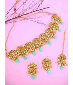 Traditional Round Floral Sky Blue Pearl Choker jewellery Set  RAS0223