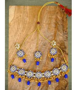 Traditional Rajasthani Royalty Gold Choker Blue Necklace Set with earring & Maang Tika RAS0235