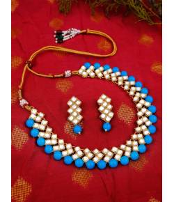 Elegant Golden Pink Royal Blue Stone Studded Kundan Necklace Set With Earring RAS0243