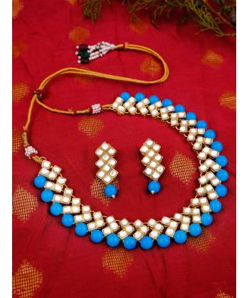 Elegant Golden Pink Royal Blue Stone Studded Kundan Necklace Set With Earring RAS0243