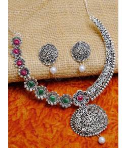 Oxidised Silver-Plated Antique Look Floral Red & Green Stone Necklace Set With Earrings RAS0261