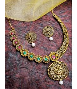 Oxidised Gold-Plated Antique Look Floral Red & Green Stone Necklace Set With Earrings RAS0262