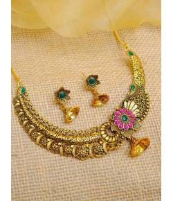 Traditional Gold-Plated Floral Polki Design Necklace Set With Jhumki Earrings RAS0263