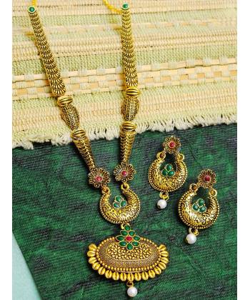 Traditional Oval Shape Pendant Floral Design Necklace Set With Earrings RAS0268