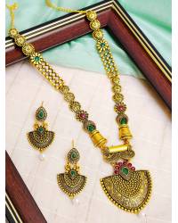 Buy Online Royal Bling Earring Jewelry Ethnic Gold-Plated Jadau Green Kundan Long Pearl Earrings RAE1761 Jewellery RAE1761