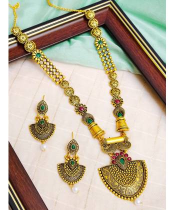 Indian Traditional Gold-Plated Adorable Classy Antique Necklace Set With Earrings RAS0270