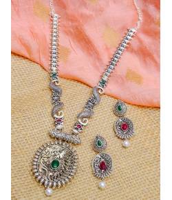 Traditional Silver-Plated  Maharashtrian Style Adorable Long Necklace Set With Earrings RAS0273