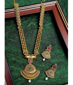 Traditional Indian  Ethnic Gold- Plated Long Necklace Set With Earrings RAS0276