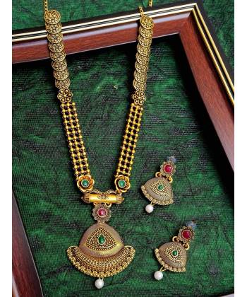 Traditional Indian  Ethnic Gold- Plated Long Necklace Set With Earrings RAS0276