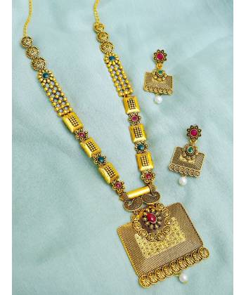 Traditional Gold-Plated Imitation Antique Pendant Necklace Set  with Earrings RAS0282