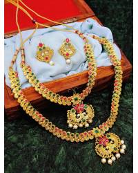 Buy Online Royal Bling Earring Jewelry Gold-plated Designer Red & White Long Pearl Drop Round Pendant Jewellery Set RAS0454 Jewellery RAS0454