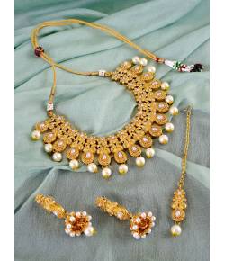 Gold-Plated Kundan Studded & Beaded Handcrafted Jewellery Set With Earrings & Maang Tika Set RAS0287