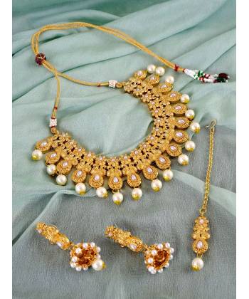 Gold-Plated Kundan Studded & Beaded Handcrafted Jewellery Set With Earrings & Maang Tika Set RAS0287