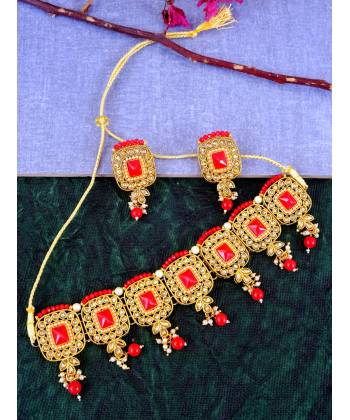 Traditional Wedding Collection Choker Necklace in  Red Pearls  Gold Plated With Earrings RAS0289