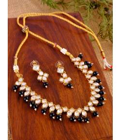 Traditional Wedding Collection Choker Necklace Black Pearls and Kundan Work  With Earrings RAS0293