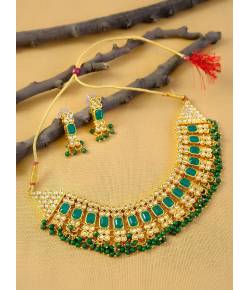 Traditional Ethnic Gold-Plated Designer Green Stone  Kundan Work Necklace Set With Earrings RAS0303