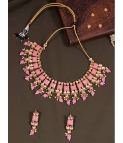 Traditional Gold-Plated Pink Beads Jewellery Set With Earrings RAS0305