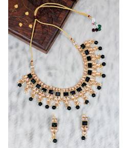 Traditional Gold-Plated Black Beads Jewellery Set With Earrings RAS0306