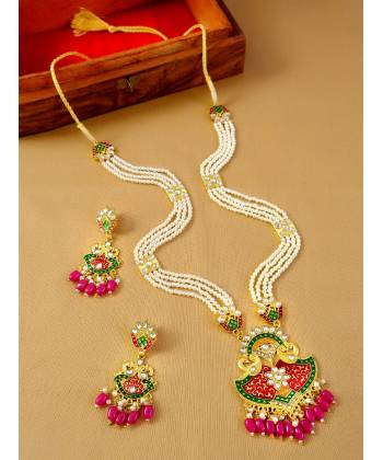 Gold-Plated Traditional Pendant Beads Meenakari & Kundan Work Multi-String Jewellery Set RAS0318