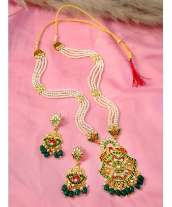 Traditional Gold-Plated Kundan Meenakari Multi String Moti Mala  Necklace Set With Earrings Set RAS0319