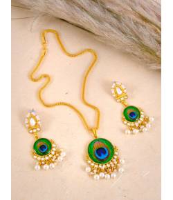 Ethnic Gold-palted  Style Natural Peacock Feather Style  Long Necklace  Pendant Earrings Jewelry Set With Earrings RAS0330